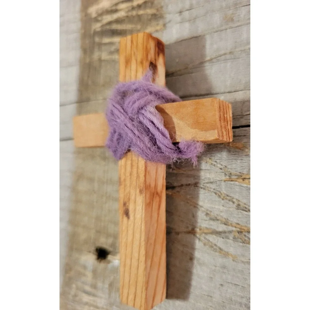 VINTAGE WOODEN CROSS PENDANT With Purple Wrap 3 Inches Large‎